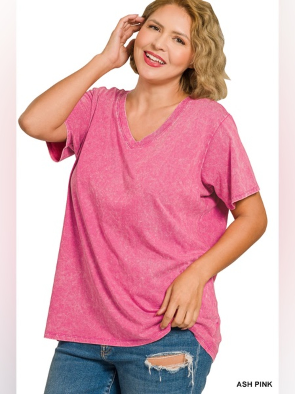 Zenana WASHED SHORT SLEEVE V-NECK TOP